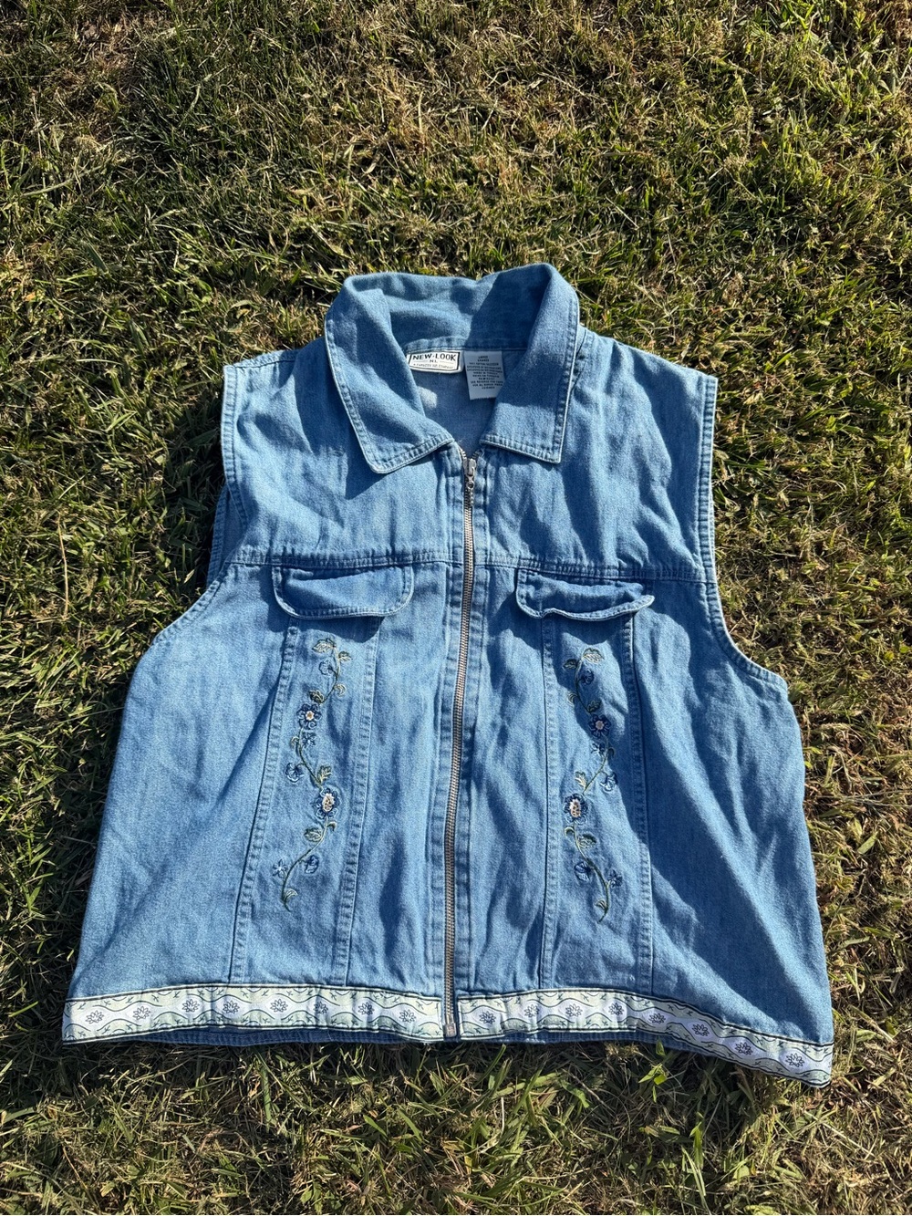 VTG Floral Denim Zip-up Vest Size L